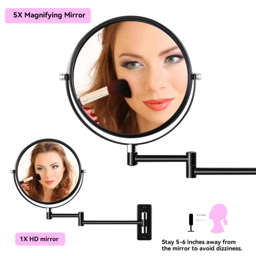 Wall Mounted Makeup Mirror,1X/5X Magnifying Mirror,360° Swivel Extendable Bathroom Mirror,Vanity Magnifying Mirror For Shaving (Black,5X) #TOP4
