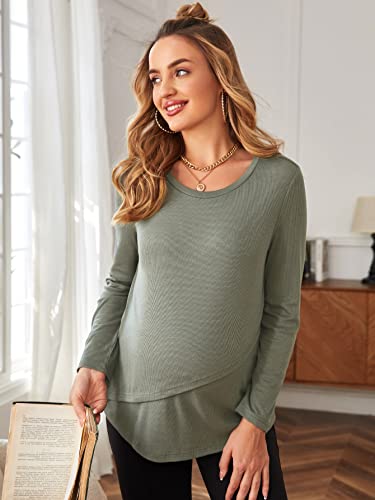 Makemechic Women's Maternity Long Sleeve Solid Crewneck Nursing Fall Top Tee Shirt Green Xl #TOP2
