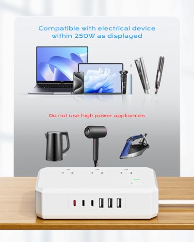 Puveini PD 20W Voltage Converter US to Europe, 250W Step Down 220v to 110v Voltage Converter, 6 AC Output, 6 USB Ports with UK/US/EU Plug Adapter, White - Thumbnail 2