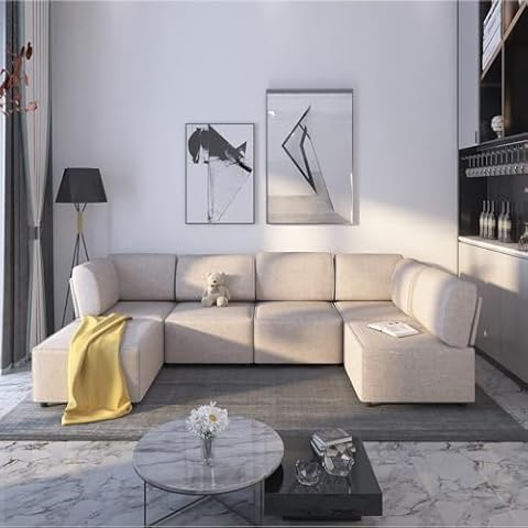 Mjkone 120 Inch 6-seat Sectional Sofa Couch, U Shaped Couch with Reversible Ottoman, Convertible L Shaped Sofa, Modern Linen Fabric Oversized Convertible Couches for Living Room, Beige Cover