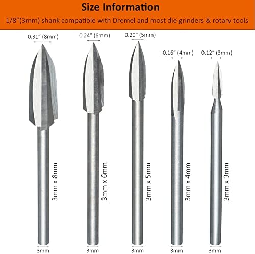 HPMAISON 5PCS HSS Wood Carving Drill Bits Set for Rotary Tools, Wood Carving Bits with 1/8" Shank for DIY Woodworking Engraving Carving Drilling Grinding