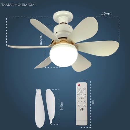 Ventilador de Teto PRO 60W Super LED Lâmpada E27 Controle Remoto Luminária 6 pás Bivolt