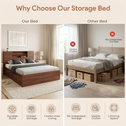 Image of FURNIFLIX Engineered Wood King Size Bed with Storage | Wooden Double Bed Cot Palang Furniture for Bedroom & Living Room (Walnut Finish) | 1 Year Warranty