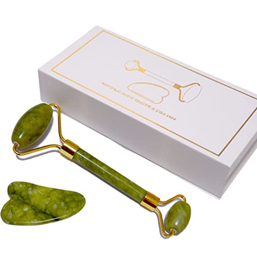 Pocexhh Jade Roller Gua Sha Set for Face, Eyes, Skin Care;BearKig Jade Roller for Face, Anti-Aging Rose Quartz Face Roller for Skin Care; Relieve Fine Lines and Wrinkles(Light greenï¼‰