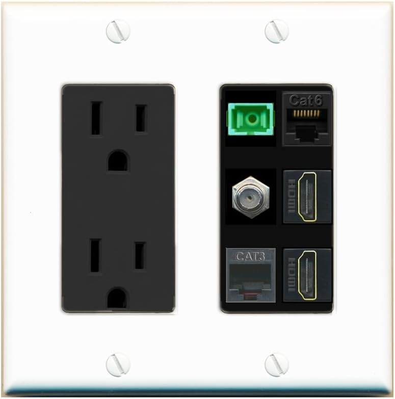 RiteAV 1 Port Fiber Optic Jack SC Simplex APC + Cat6 + Coax + 2 x HDMI + Phone Wall Plate - Outlet [Light-Almond/White]