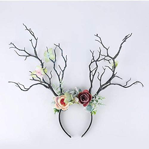 Miniatura 8 de XIDAJIE Diadema de corona de flores de cuernos de ciervo, diadema de ramas de flores de cuernos largos, diadema de cuernos, diadema para el cabello,