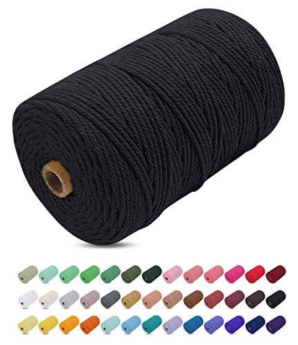 Corde Macramé 3mm x 200m, Uiopa Fil Macramé 3mm Corde Coton Naturelle 4 Brins, Coloré Ficelle Cordon Coton pour Tressée DIY, Tentures Murales, Porte Plante, Rideau, Decoration Boheme (Noir) Cover