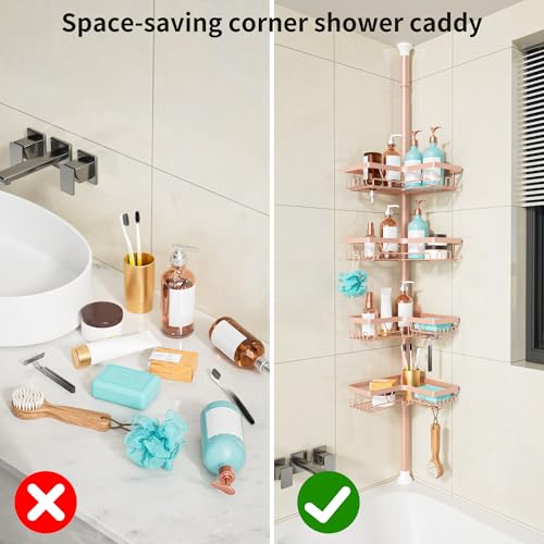 Image of KEGII Corner Shower Caddy Tension Pole - 4-Tier Rustproof Bathroom Organizer, Floor to Ceiling Shower Caddy 25-114.2 inch, No Drilling Shower Storage Rack for Shampoo, Towels (Blush Nude)