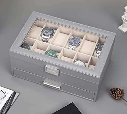 Voova 12 Slots Watch Box Organizer for Men Women,Mens Jewellery Box Watch Holder Display Case with Sunglasses Jewelry Drawer,PU Leather Watch Storage Boxes with Acrylic Glass Lid and Pillow,Grey
