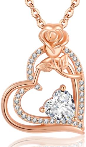 Collier Femme Argent 925 Collier or Rose Coeur Fleur Pierre de Naissance Pendentif Bijoux Femme Idee Cadeau Anniversaire Fete des Meres Noel Saint Valentin Cadeau Maman Fille Amie