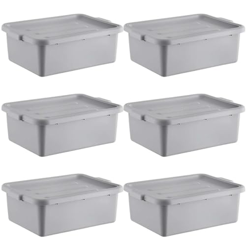 6-Pack 20\" x 15\" x 7\" Commercial Bus Tub/Bus Box - 9 Gallons with Lid - Heavy-Duty Polypropylene Dish Box for Restaurants, Kitchens, and Foodservice - Stackable and Freezer-Safe - Gray