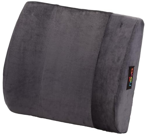 NOVA Lumbar Back Cushion – Contoured High-Density Foam Back Support Pillow for Office Chair, Car, Plane & Wheelchair, Adjustable Strap, Removable Washable Velour Cover, Charcoal Blue (14” x 13”)