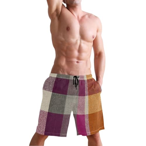 Men's Swim Trunks Orange Plaid Print, Quick Dry Beach Board Shorts with Lining-S4