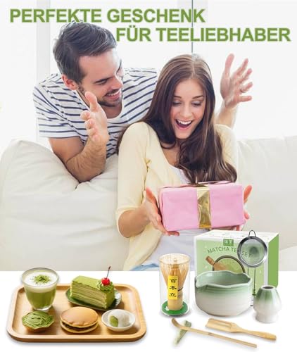 JBER Matcha Besen Set, Matcha Set 7-Teiliges - Matcha Besen und Besenhalter, Matcha Schale mit Auslauf, Sieb, Löffel und Halter, Japanisches Matcha Tee Set für Matcha-Liebhaber, Hellgrüner Farbverlauf