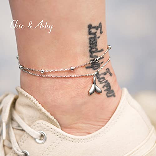 Chic & Artsy Tail Anklets 925 Sterling Silver Mermaid Tail Anklet Adjustable 11 Inches Boho Layered Foot Chain Whale Tail Anklet For Women Beach Double Chain Dolphin Tail Anklet #TOP2