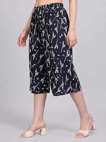 Image of THUMBA Women's Printed Poly Rayon Palazzo Pants | Wide Leg Culottes | Floral & Butterfly Print | Elastic Waist | Casual & Ethnic Wear | S M L XL 2XL 3XL