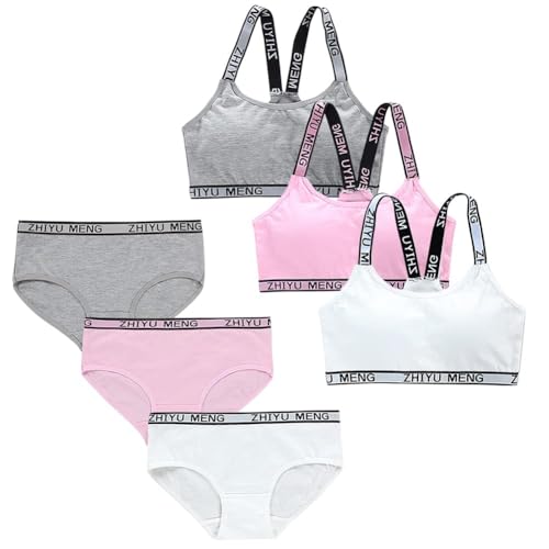La mejor selección de Ropa interior deportiva para Niña los 5 mejores. 43 Streamzio Conjunto de ropa interior sin costuras para niña - sujetador de entrenamiento con bragas a juego (juego de 6 piezas) (Blanco+Rosa+Gris)