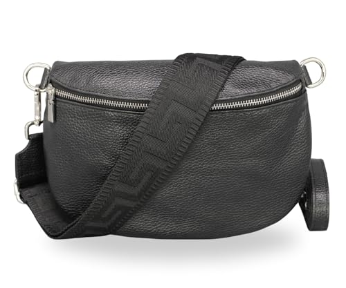 Brise Art Bauchtasche Damen Echtleder AFIA Silber Handgemachte Umhängetasche Crossbody Bag mit Ledergurt + Optionalen Breiten Gemusterten Riemen 3 Fächer Hüfttasche Made in Italy (Schwarz-Silber 5)