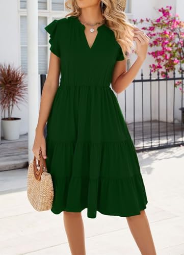Image of Womens Summer Dress Ruffle Sleeve V Neck Midi Dresses Casual Fit Flowy Tiered Boho Beach Vacation Sundress