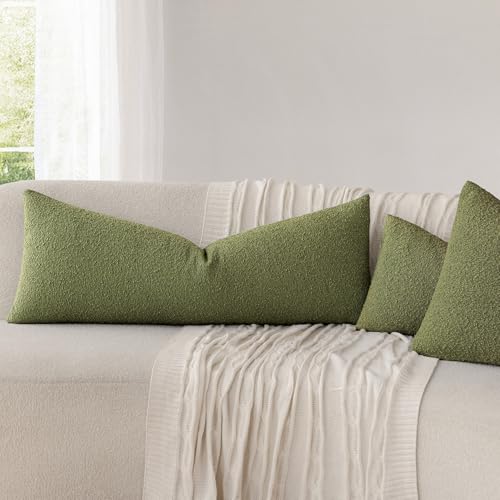 Image of Foindtower Decorative Textured Boucle Throw Pillow Covers Accent Solid Pillow Cases Neutral Long Body Lumbar Couch Cushion Case for Chair Sofa Bedroom Living Room Home Decor 14x36 Inch,1PC,Green