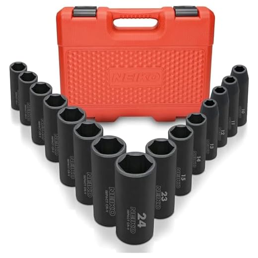 NEIKO 02474A Conjunto de Soquetes de Impacto Profundo de Chave de 1/2" | 15 Peças | Kit de Soquete Profundo | Tamanhos Métricos de 6 Pontos (10-24 mm) | Aço Cr-V
