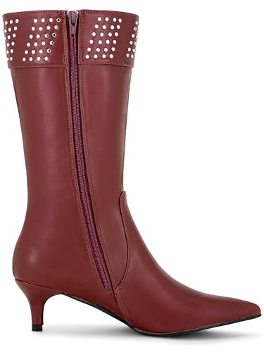 Allegra K Allegra K Women's Kitten Boot Pointed Toe Heel Boots Burgundy Knee High Kitten Boots 7.5 M US