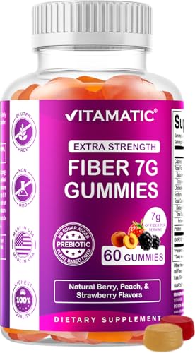 Vitamatic Prebiotic Fiber Gummies for Adults 7g Fiber per Serving 60 Pectin-Based Gummies Extra Strength Zero Sugar Added Supports Digestive Health & Regularity Non-GMO Vegan Gluten-Free