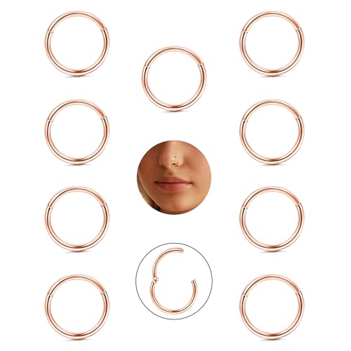 CASSIECA 9pcs 16G Piercing Nariz Anillos Piercing Nariz Aro 316L Acero Quirúrgico Septum Anillo Piercing Nariz Oro Rosa Oreja Labio Piercing Helix Tragus Conch Daith Rook 8mm
