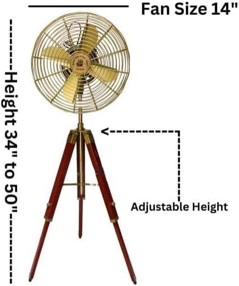 Wooden Tripod Fan Electric Corded Handmade Brass Antique Vintage Style Pedestal Fan with Wooden Adjustable Tripod Stand Retro Design, Unique Collectible, Functional Home Decor Vintage Reproduction