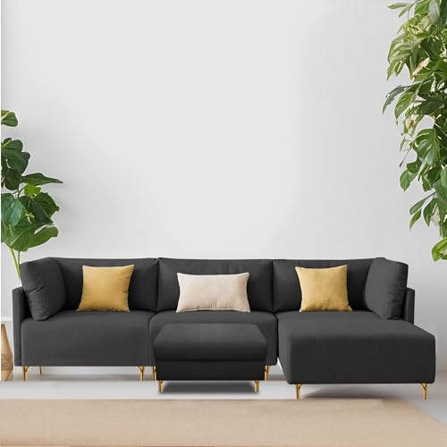 Image of Carina RHS 4 Seater L Shape Sofa Set with Center Table for Living Room (Black Fabric) Premium Fabric Sofa