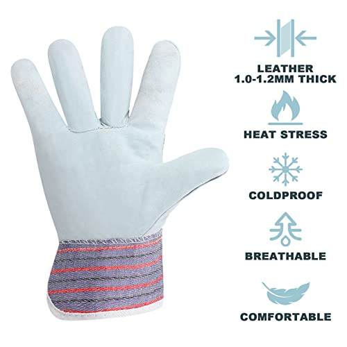 Jiuguva 48 Pairs Leather and Cotton Work Gloves Bulk Gardening Gloves for Men Women Padded Heavy Duty Gloves with Reinforced Palms and Safety Cuff for Landscaping Construction Working, Red and Blue