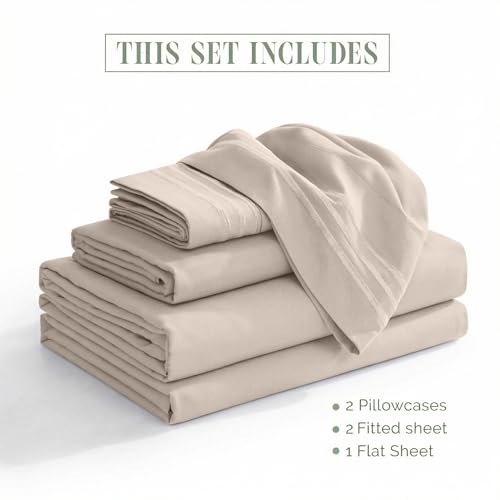 Image of Elegant Comfort Luxurious 1500 Premium Hotel Quality Microfiber Three Line Embroidered Softest 5-Piece Bed Sheet Set, Wrinkle and Fade Resistant, Split King, Cream