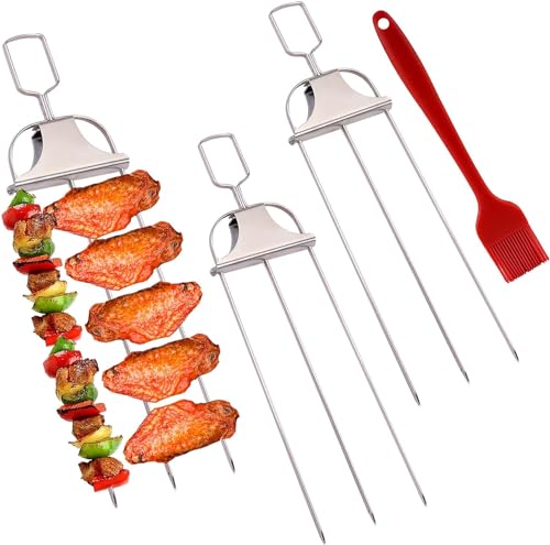 Lot de 3 brochettes de barbecue 3 voies en acier inoxydable avec barre de poussée, brosse coulissante et sac, brochettes réutilisables pour barbecue, viande, légumes, poulet, saucisses, accessoires de