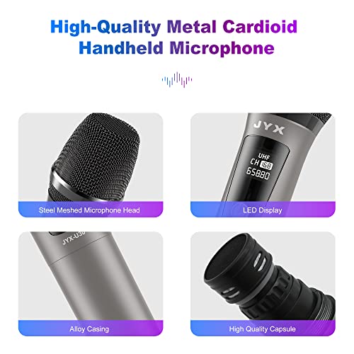 Jyx Wireless Microphones, Dual Uhf Handheld Dynamic Mic With Receiver, 6.35Mm(1/4") Output,3.5Mm (1/8") Adapter,160Ft Range, Metal Rechargeable Karaoke Microphones For Party, Wedding, Class, Speech #TOP5
