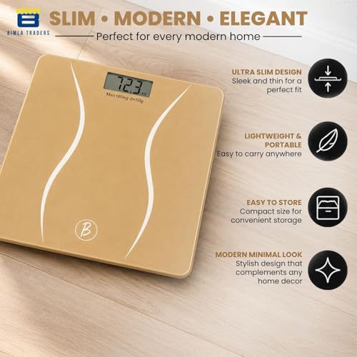 Image of Btag Premium Digital Body Weight Scale | 26x26 cm Wide Platform | Clear LCD Display | Anti-Skid Base | 180 kg Capacity S-Shape Design (Camel)