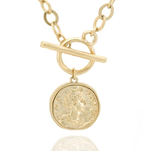 Chunky Gold Coin Pendant Necklace Trendy Layered Statement Chain for Women, Antique Toggle Design with Thick Link, Fashionable Necklaces for Women