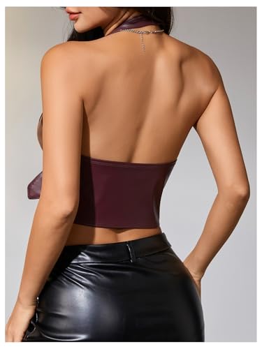 MakeMeChic Women's PU Leather Halter Top Buckle Open Back Y2K Crop Tops Corset Party Clubwear2