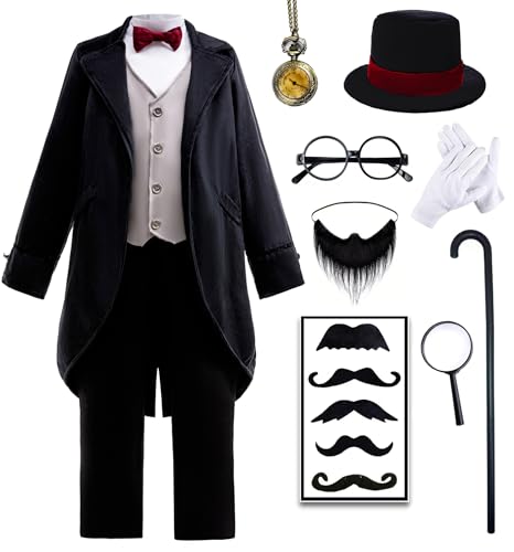 Mecamelon 12 Pcs Abraham Lincoln Costume Kids Douglass Costume for Boys (Black 8-9 Years)