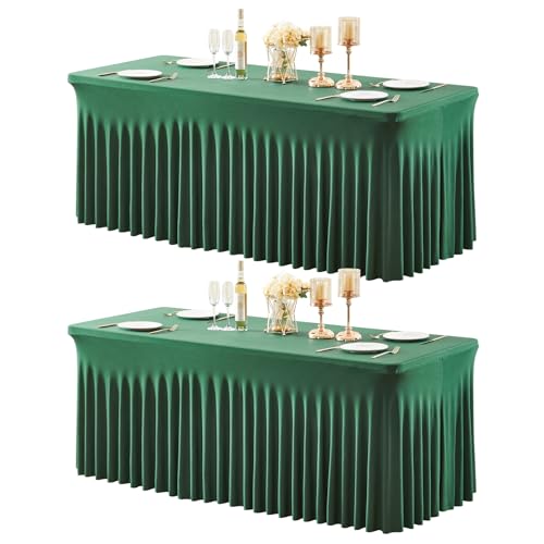 2 Packs Green Table Clothes for 8 Foot Rectangle Tables, Wrinkle Resistant Stretch Spandex Table Covers Fitted Tablecloth with Skirt for Easter Event Banquet Wedding Birthday Party