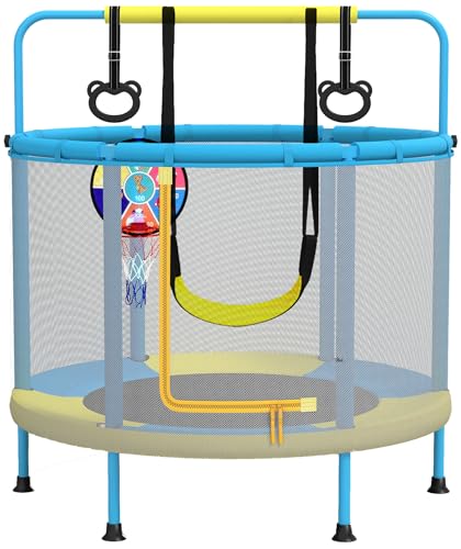 PILIN Trampolina dziecięca, wielofunkcyjna trampolina 4 w 1, zawiera huśtawki, bary, obręcze, obręcze do koszykówki, tarcze do rzutek, nośność 50 kg, do użytku wewnątrz i na zewnątrz