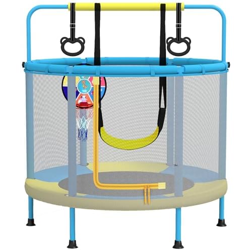 PILIN Kindertrampolin, φ140CM 4 in 1 Multifunktionstrampolin, inkl. Schaukeln, Stangen, Reifen, Basketballkörbe/Dartscheiben, Belastbarkeit 50Kg, Indoor&Outdoor Nutzung des Gartentrampolins