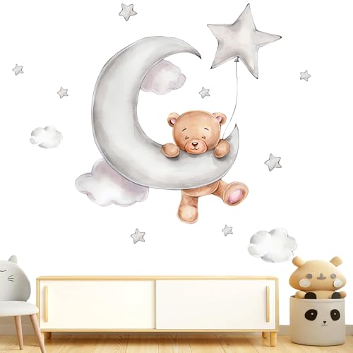 ZWWOGE Pegatina de Pared de Oso en Las Nubes Pegatinas de Pared Pegatinas Infantiles Pared HabitacióN Infantil Adhesivos con Osos, Nubes, Estrellas y Luna Ideal para Habitaciones de BebéS