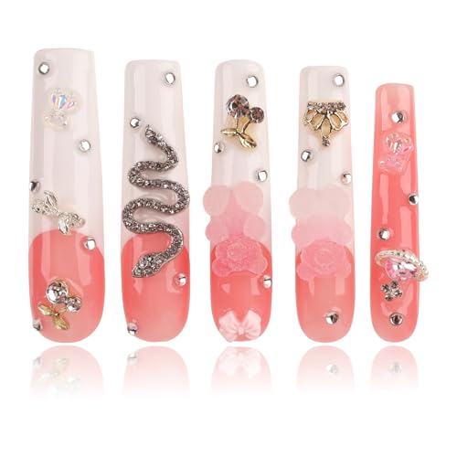 Handmade Long Acrylic Nail Tips, Pink Press on Nails with Full Covered Crystals, Fake Luxury Diamond Nails, Long Square False Nails, Gifts for Women, Reusable Stick On Nails 10Pcs,Light pink Size L