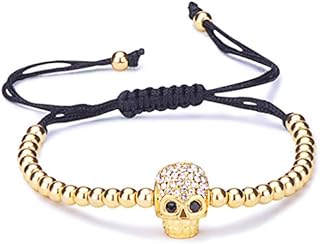 Infinite U Fashion Punk Skull Womens Charm Bracelet Beads Balls Braided Cotton Rope Alloy Cubic Zirconia Adjustable Wristband Bangle