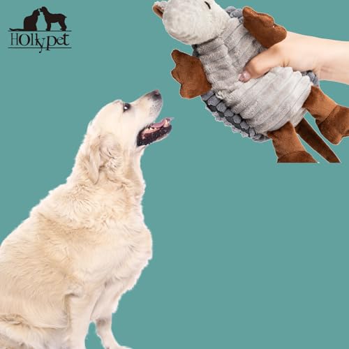 Image of Hollypet Plush Dog Squeaky Toy Stuffed Armadillo Animal Pet Puppy Chew Toys with Clean Teeth for Small Medium Large All Breed Sizes Dogs, Dark Gray, 8 in