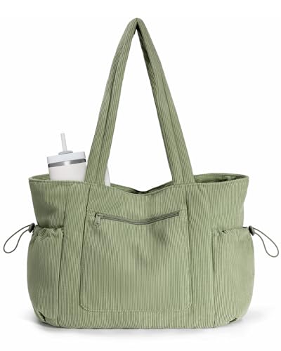 ECOHUB Large Corduroy Tote Bag, Recycled Handbags for Women with Cup Holder, Work Tote Bag with 15.6" Laptop Compartment, Shoulder Bags for School Shopping Travel Daily Use (Sage Green)