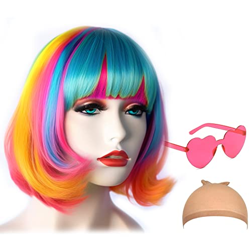 Image of LIULIUBTY Short Bob Hair Wigs Straight with Flat Bangs Synthetic Colorful Cosplay Daily Party Neon Wig for Women + Free Wig Cap 12 inch Natural As Real (Mixed color)