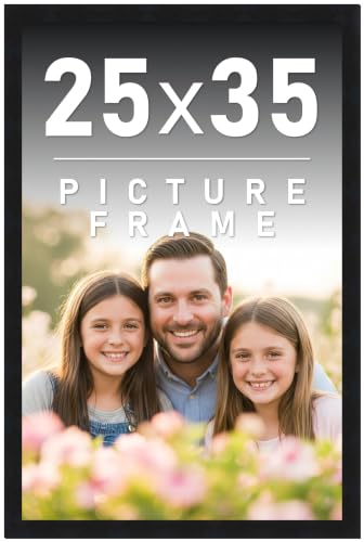 25x35 Frame Black Picture Frame | Solid Wood Modern Photo Frame Complimentary UV Acrylic Shatter Guard Front, Acid Free Foam Backing Board, Hanging Hardware Wood Wall Frames for Family Photos
