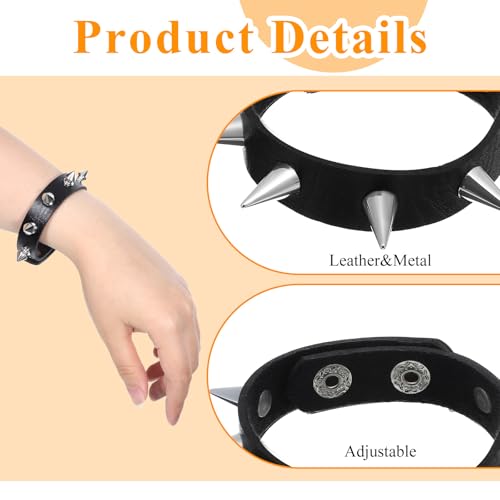 2Pcs Punk Rock Spike Bracelet, Adjustable Leather Studded Bracelet Black Emo Bracelets Gothic Jewelry for 80s 90s Vintage Womens Men Halloween Punk Gift3