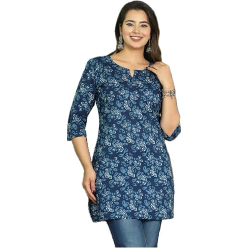 Image of Women's Floral Printed Rayon Short Kurti, Casual Ethnic Style, Side Slits, 3 /4 Sleeves, Regular Fit, for Jeans & Leggings